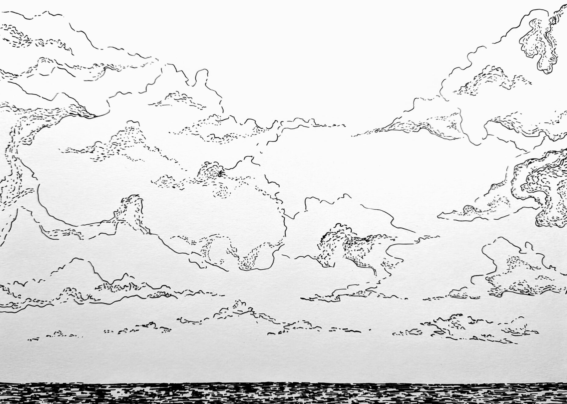 Black and white ink drawing of clouds above still dark sea.